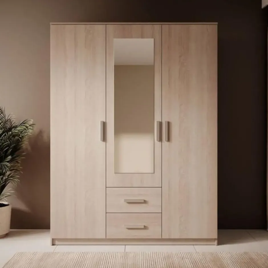 Meubella - Kledingkast Tyko - Licht eiken - 150 cm - Met spiegel