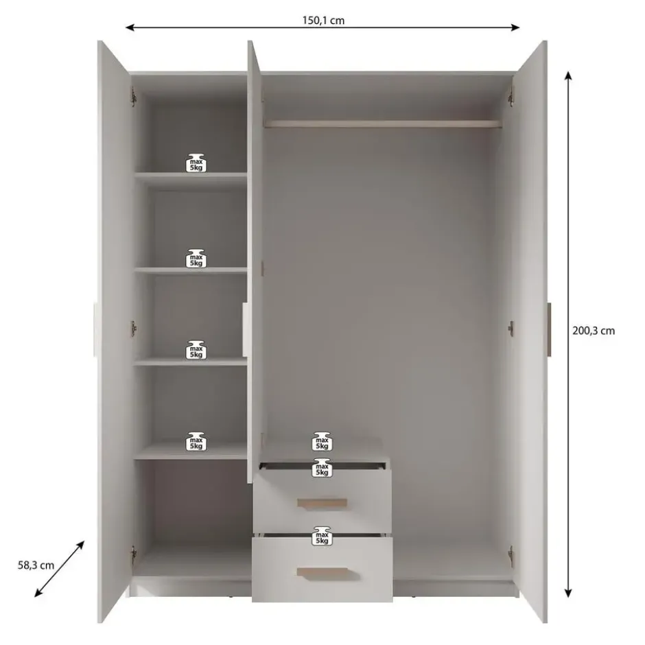 Meubella - Kledingkast Tyko - Licht eiken - 150 cm - Met spiegel