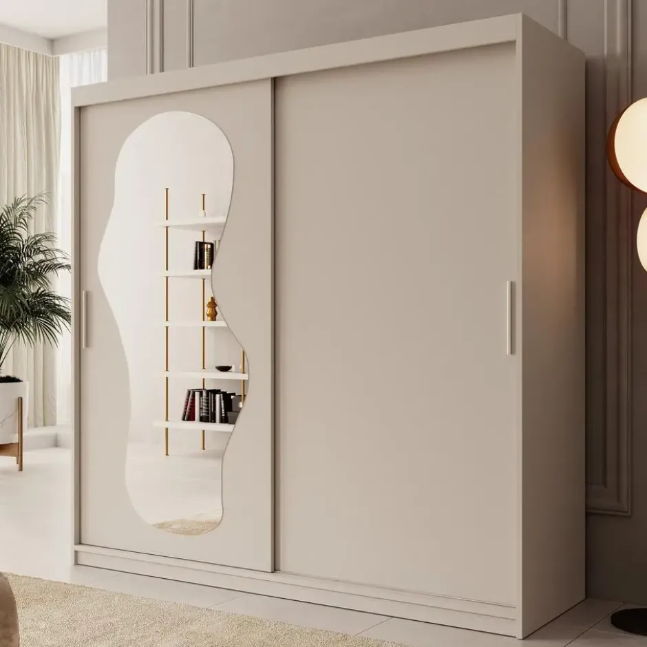 Meubella - Kledingkast Ulysses - Beige - 200 cm - Met spiegel