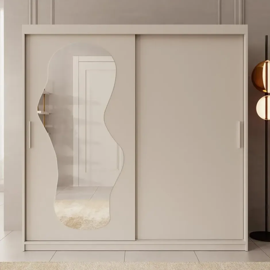 Meubella - Kledingkast Ulysses - Beige - 200 cm - Met spiegel