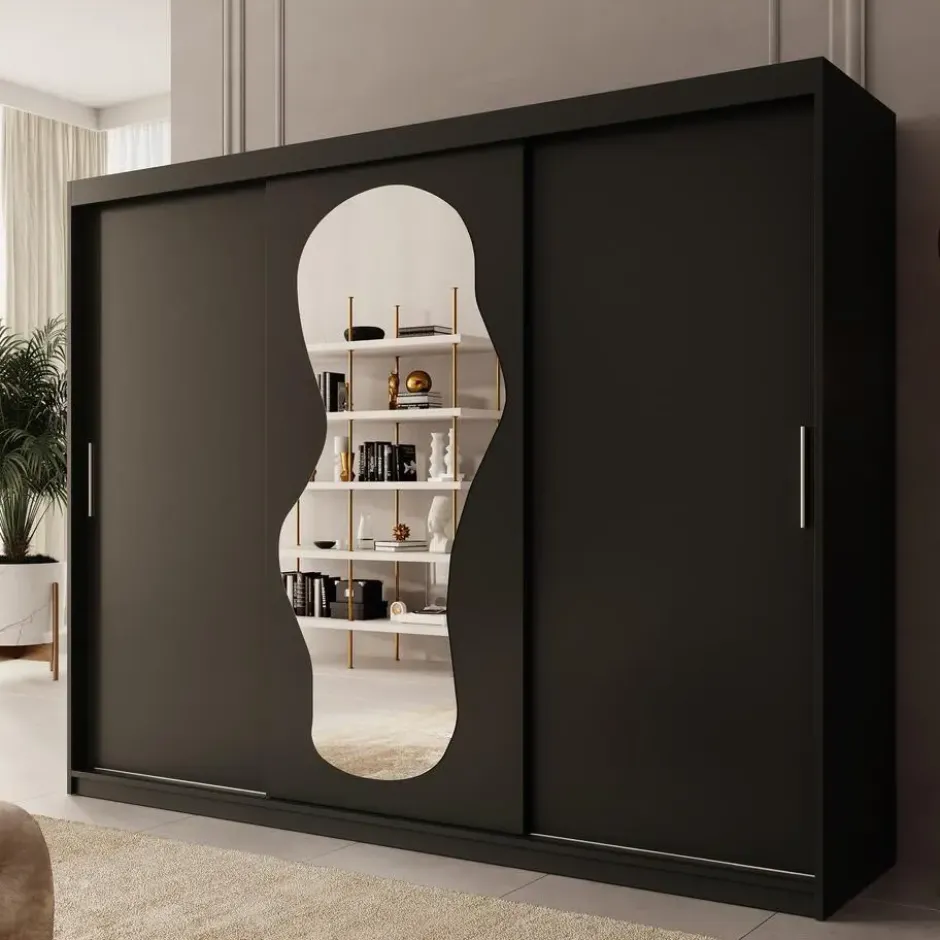 Meubella - Kledingkast Ulysses - Zwart - 250 cm - Met spiegel