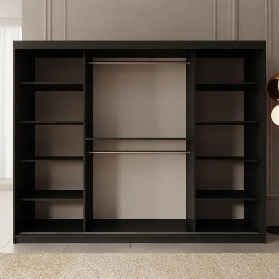 Meubella - Kledingkast Ulysses - Zwart - 250 cm - Met spiegel
