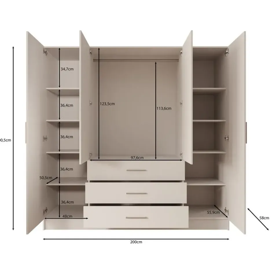 Meubella - Komodo - Kledingkast met 4 deuren - Wit - 200x61x201 cm