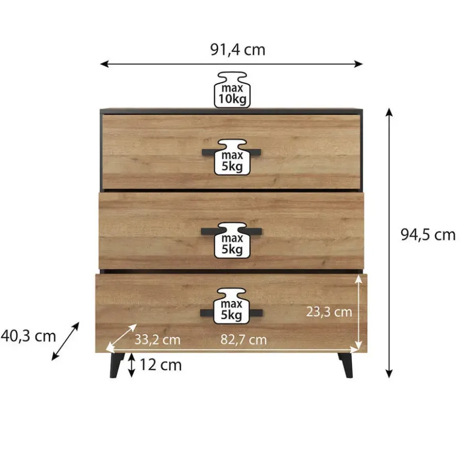 Meubella - Ladekast Frey - Donker eiken - Zwart - 91 cm