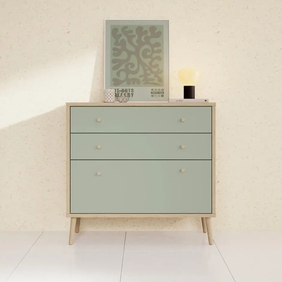 Meubella - Ladekast Wally - Licht eiken - Groen - 90 cm
