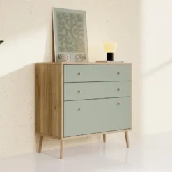 Meubella - Ladekast Wally - Licht eiken - Groen - 90 cm