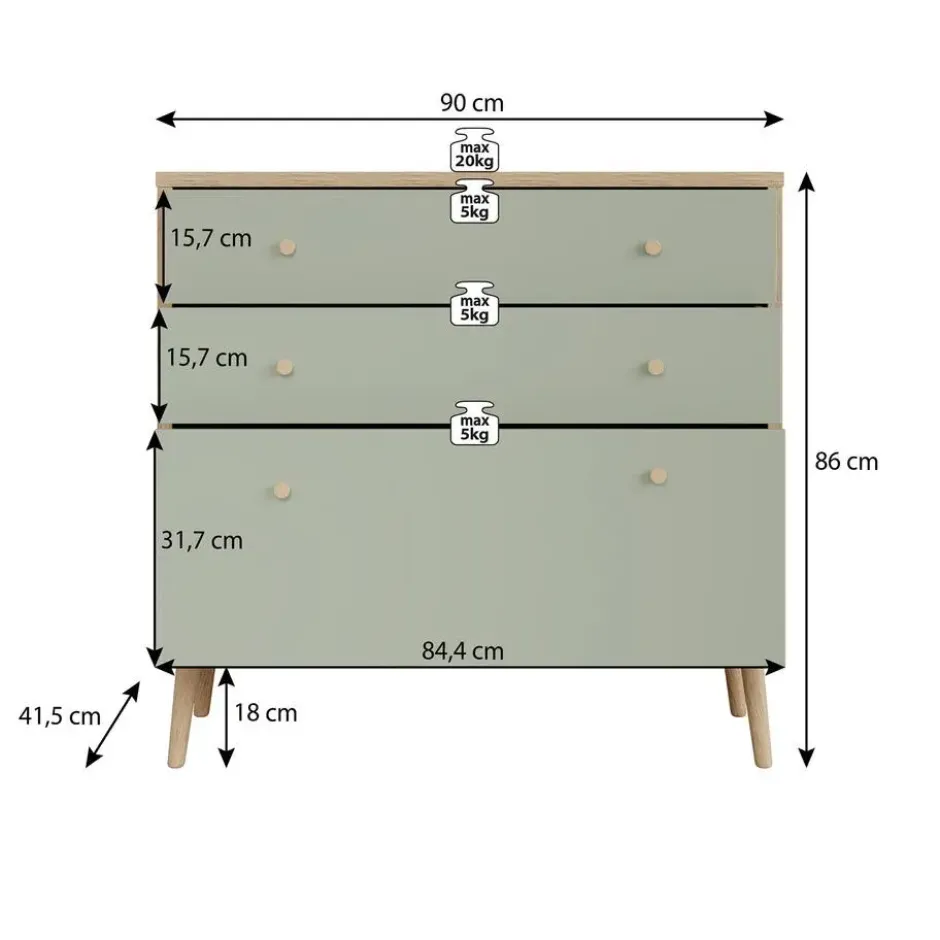 Meubella - Ladekast Wally - Licht eiken - Groen - 90 cm