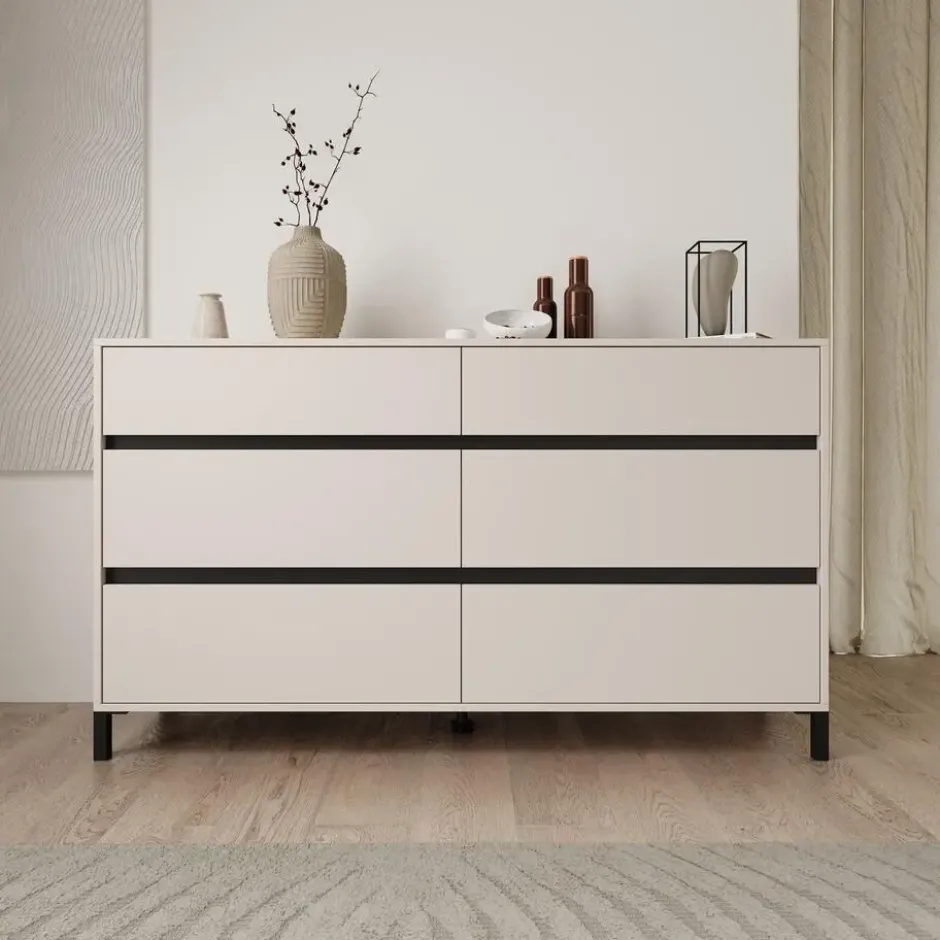 Meubella - Montellini - Ladekast met 6 lades - Beige - 157x40x90 cm