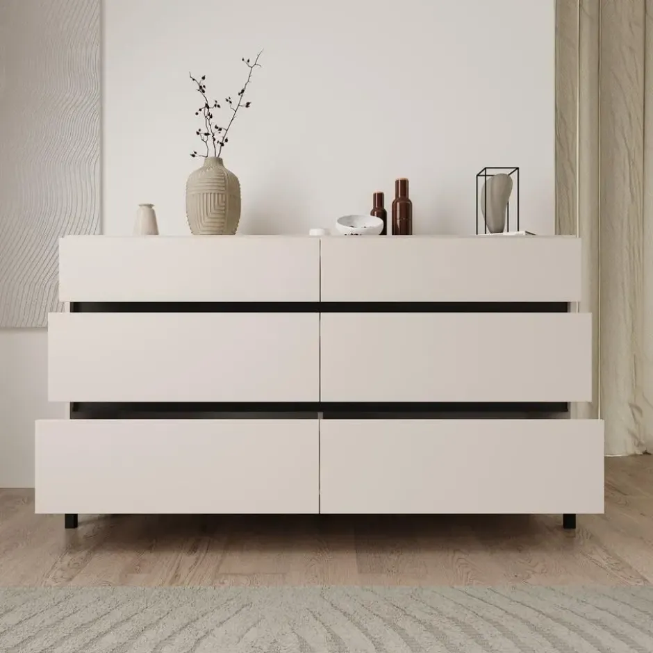 Meubella - Montellini - Ladekast met 6 lades - Beige - 157x40x90 cm
