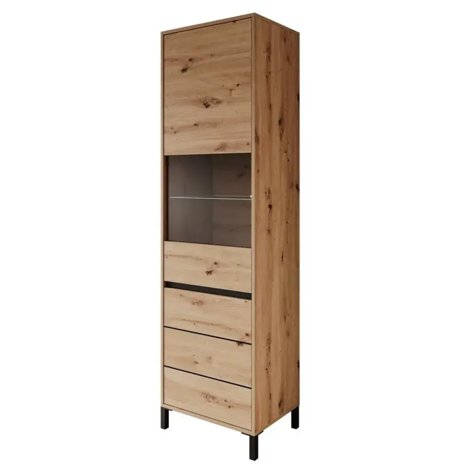 Meubella - Montellini - Vitrinekast - Eikenpatroon - 55x40x193 cm