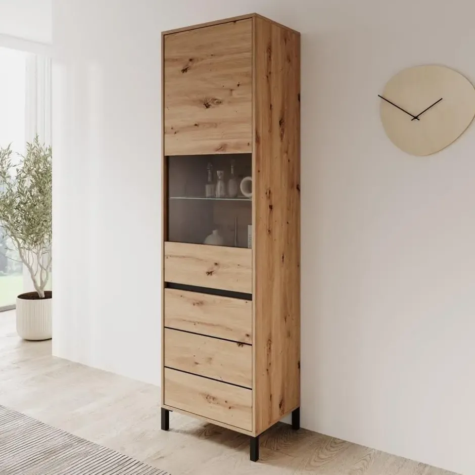 Meubella - Montellini - Vitrinekast - Eikenpatroon - 55x40x193 cm