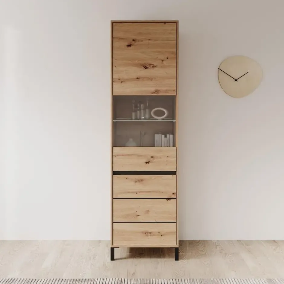 Meubella - Montellini - Vitrinekast - Eikenpatroon - 55x40x193 cm