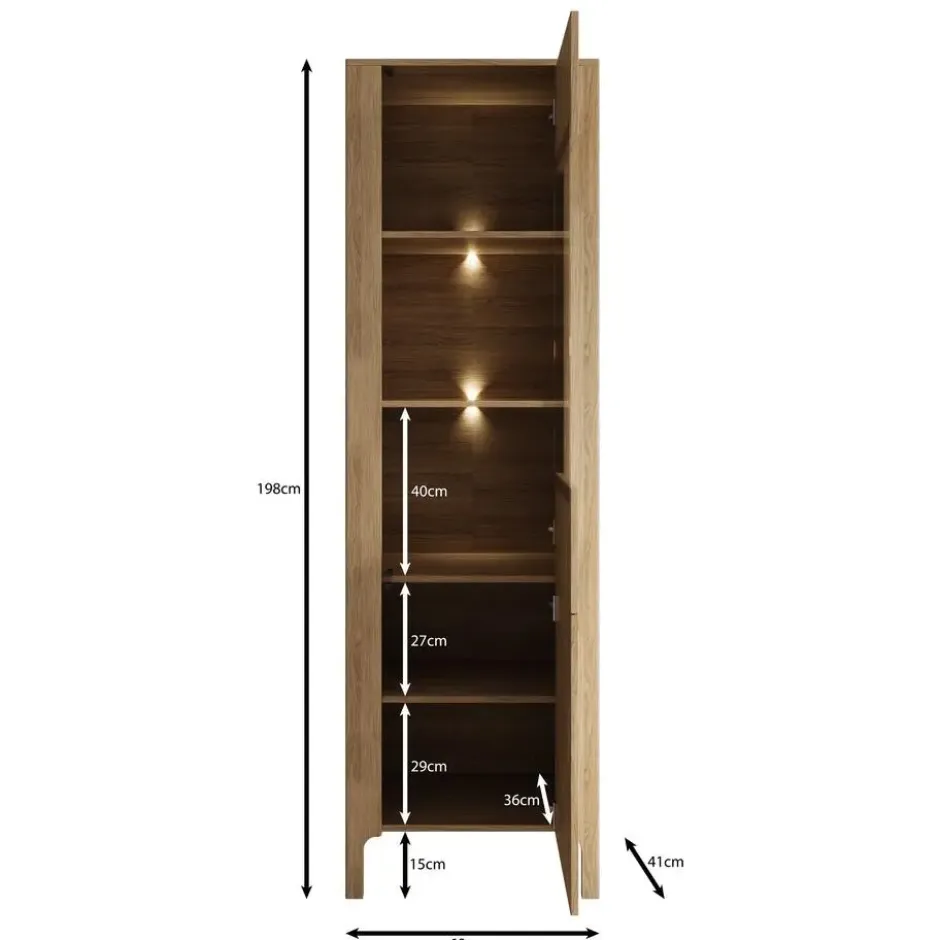 Meubella - Montera - Vitrinekast met LED - Eikenpatroon - 60x41x198 cm
