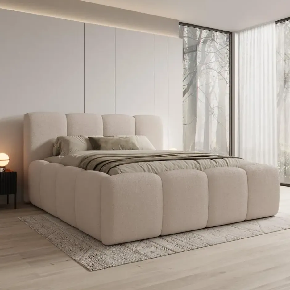 Meubella - Nihito - Tweepersoonsbed - Stof beige - 180x200 cm