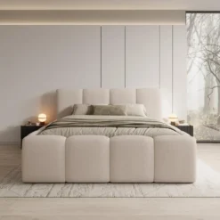 Meubella - Nihito - Tweepersoonsbed - Stof beige - 180x200 cm