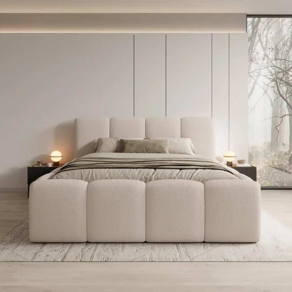 Meubella - Nihito - Tweepersoonsbed - Stof beige - 180x200 cm