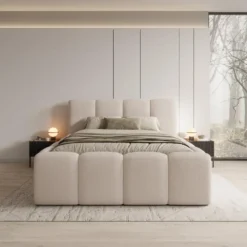 Meubella - Nihito - Tweepersoonsbed - Stof beige - 160x200 cm