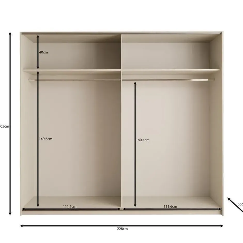 Meubella - Nuvola - Kledingkast schuifdeuren - Beige - 228x56x206 cm