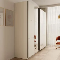 Meubella - Nuvola - Kledingkast met spiegel - Beige - 228x56x206 cm