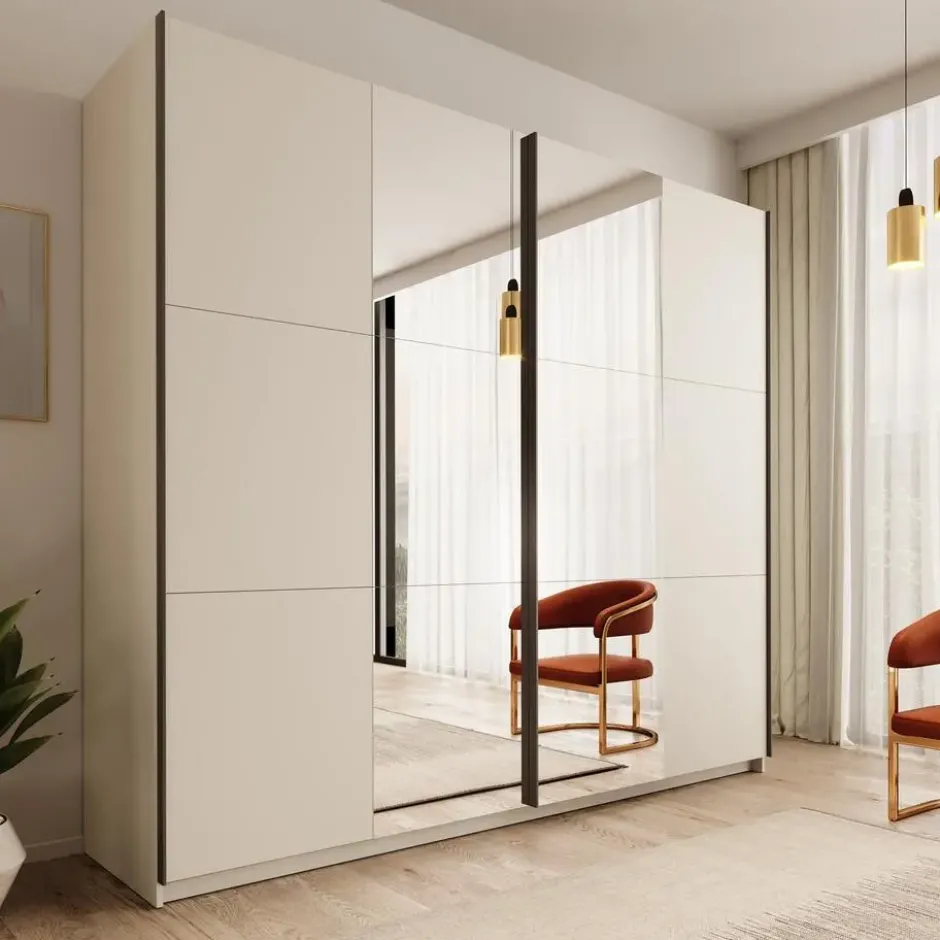 Meubella - Nuvola - Kledingkast met spiegel - Beige - 228x56x206 cm