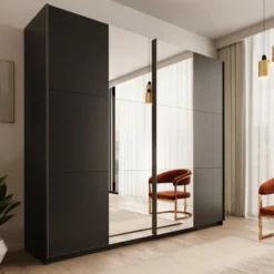 Meubella - Nuvola - Kledingkast met spiegel - Antraciet - 228x56x206 cm