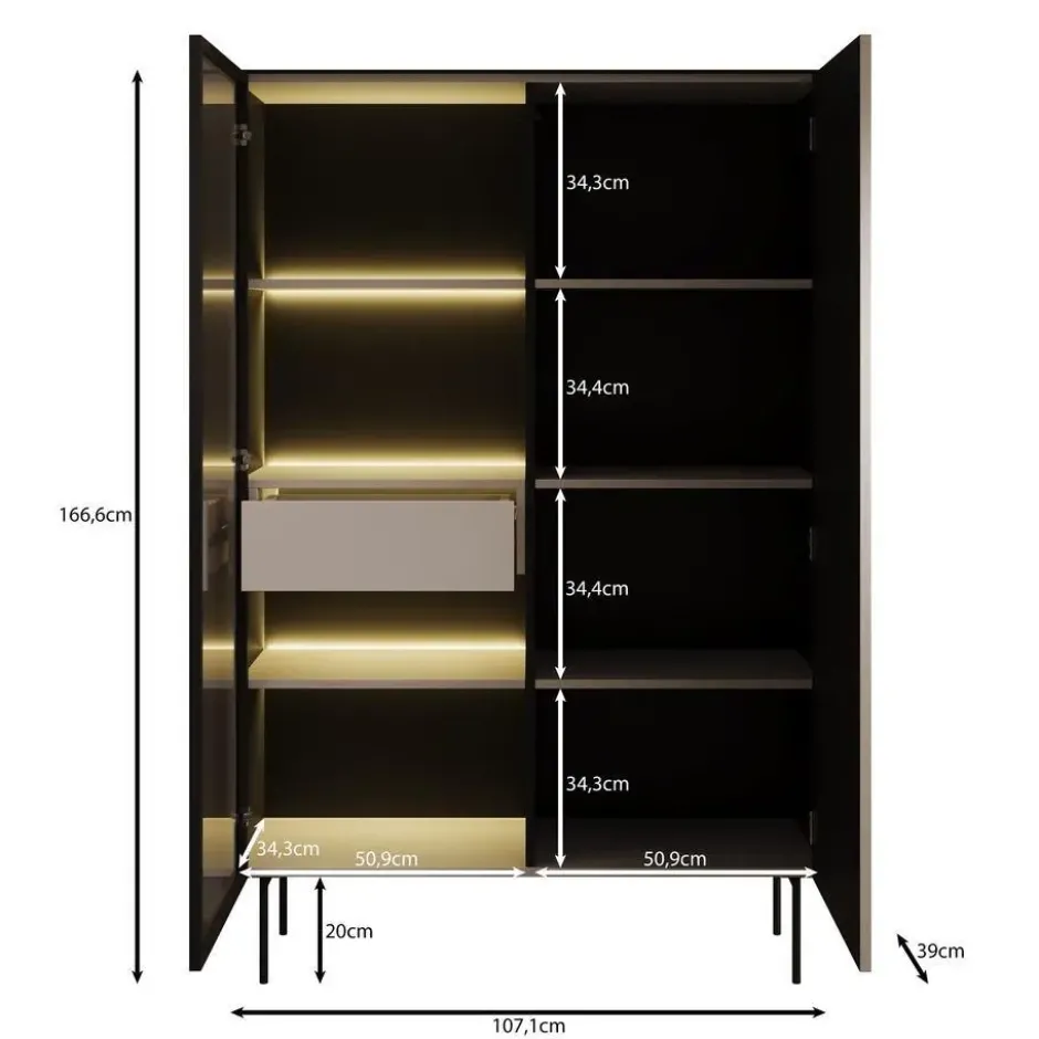 Meubella - Okari - Vitrinekast - Eikenpatroon - 107x39x167 cm