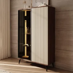 Meubella - Riverhead - Vitrinekast - Beige/Eiken - 103x39x162 cm