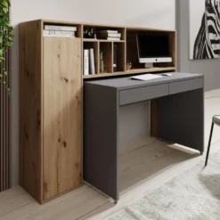Meubella - Taroa - Bureau - Eikenpatroon/Lichtgrijs - 154x55x119 cm