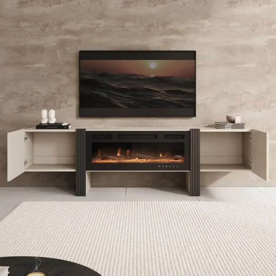 Meubella - Torevia - TV-Meubel met sfeerhaard - Beige - 200x41x58 cm