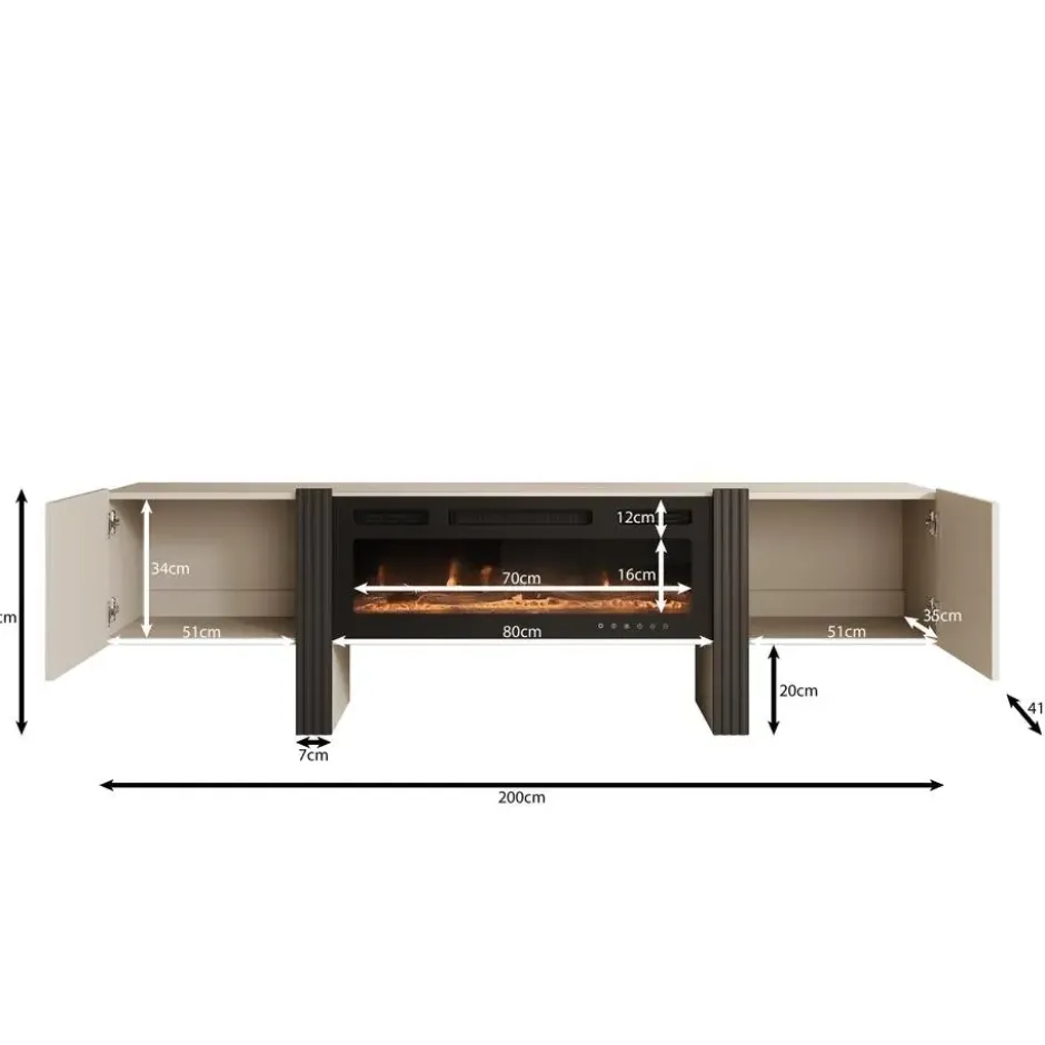 Meubella - Torevia - TV-Meubel met sfeerhaard - Beige - 200x41x58 cm