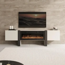 Meubella - Torevia - TV-Meubel met sfeerhaard - Beige - 200x41x58 cm
