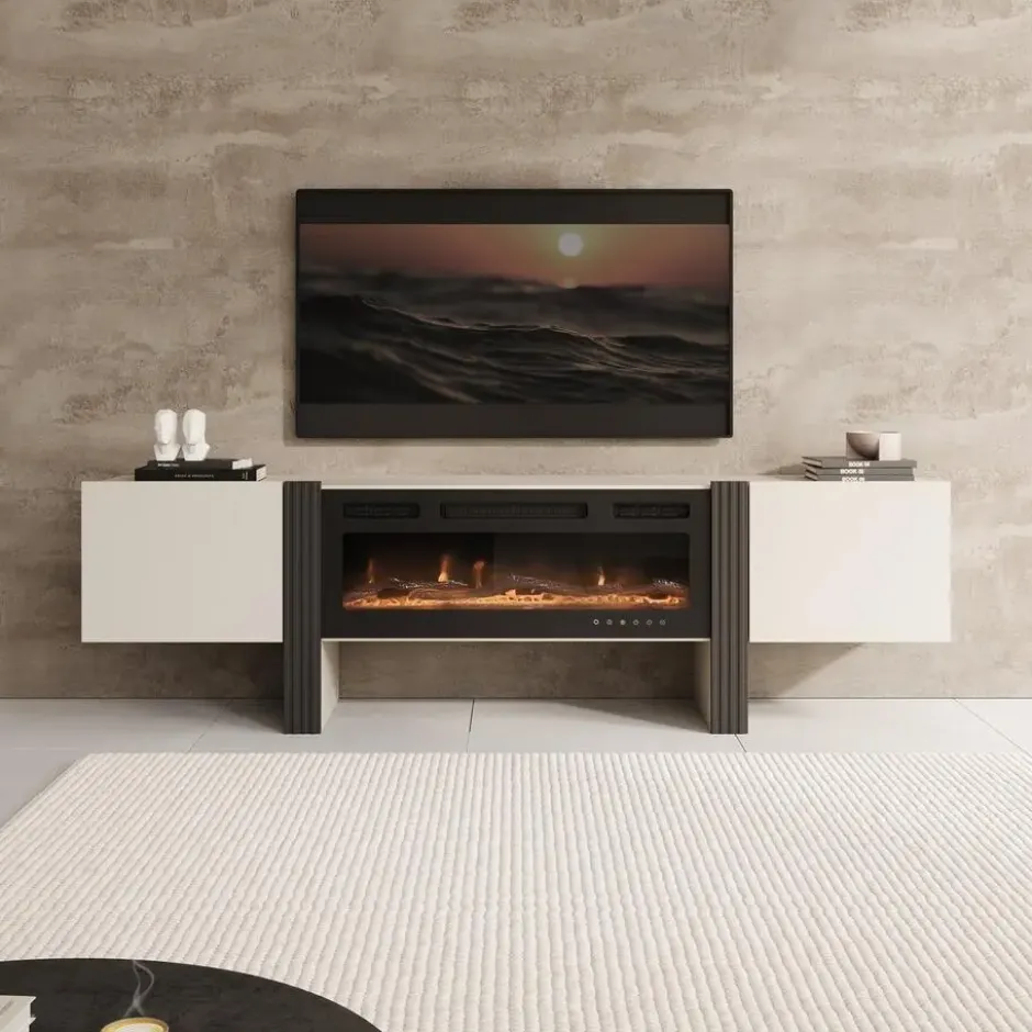 Meubella - Torevia - TV-Meubel met sfeerhaard - Beige - 200x41x58 cm