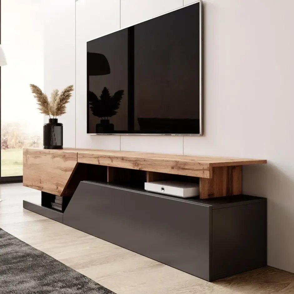 Meubella - TV-Meubel Canberra - Eiken - Antraciet - 200 cm