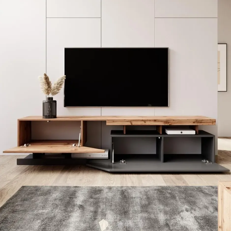 Meubella - TV-Meubel Canberra - Eiken - Antraciet - 200 cm