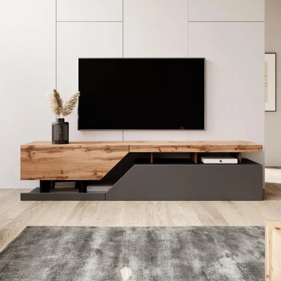 Meubella - TV-Meubel Canberra - Eiken - Antraciet - 200 cm
