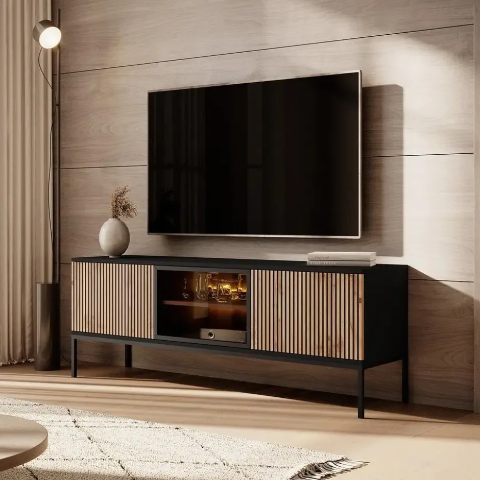 Meubella - TV-Meubel Legend - Mat zwart - Eiken - 154 cm
