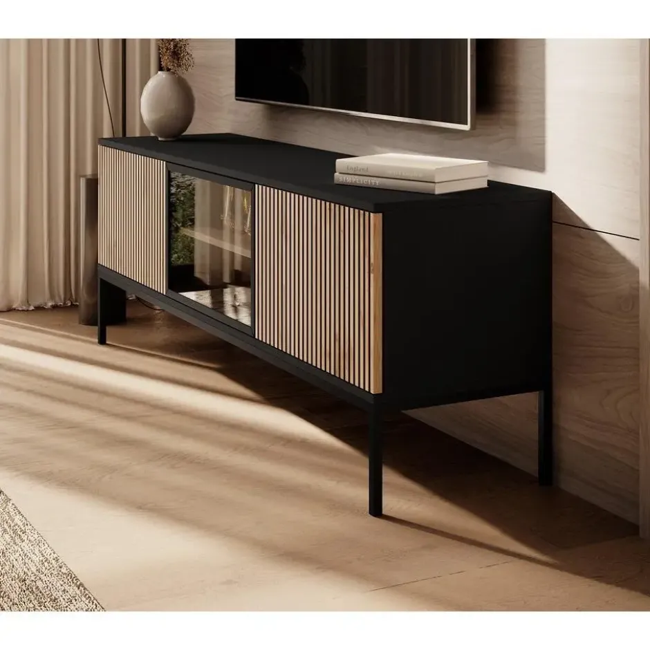 Meubella - TV-Meubel Legend - Mat zwart - Eiken - 154 cm