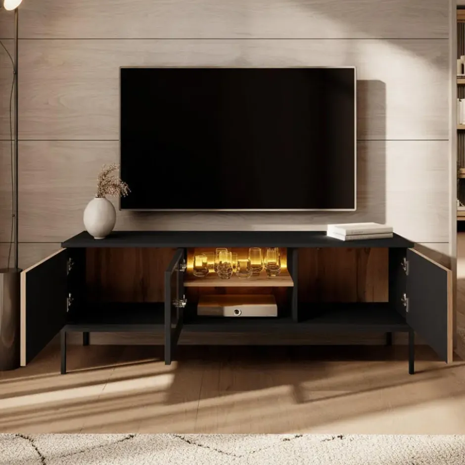 Meubella - TV-Meubel Legend - Mat zwart - Eiken - 154 cm