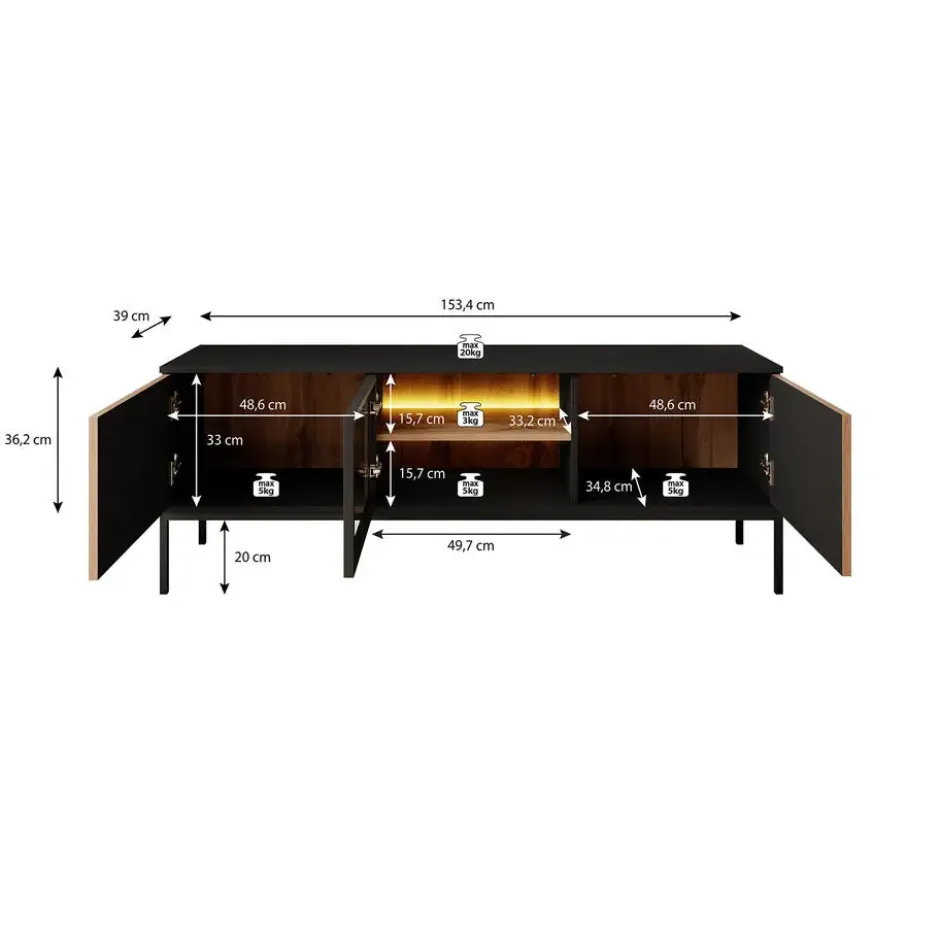Meubella - TV-Meubel Legend - Mat zwart - Eiken - 154 cm