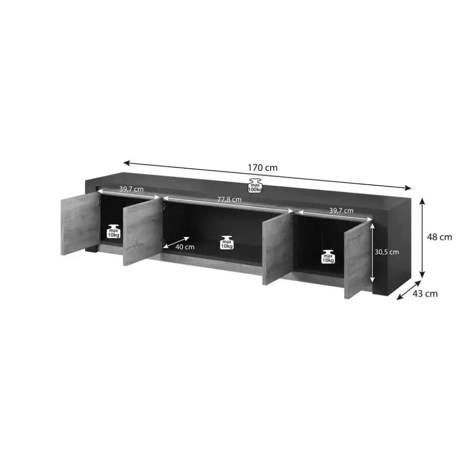 Meubella - TV-Meubel Monaco - Mat Zwart - 4 deuren - 170 cm