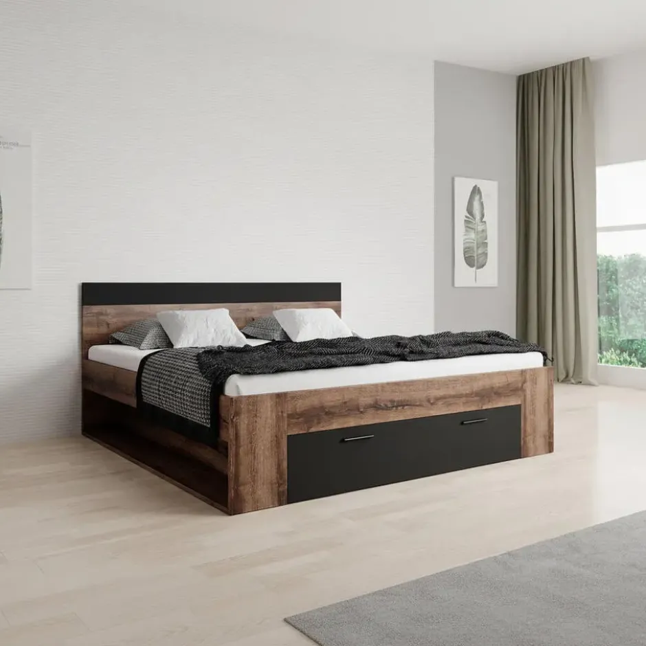Meubella - Tweepersoonsbed Brown - Zwart - Eiken - 180x200 cm