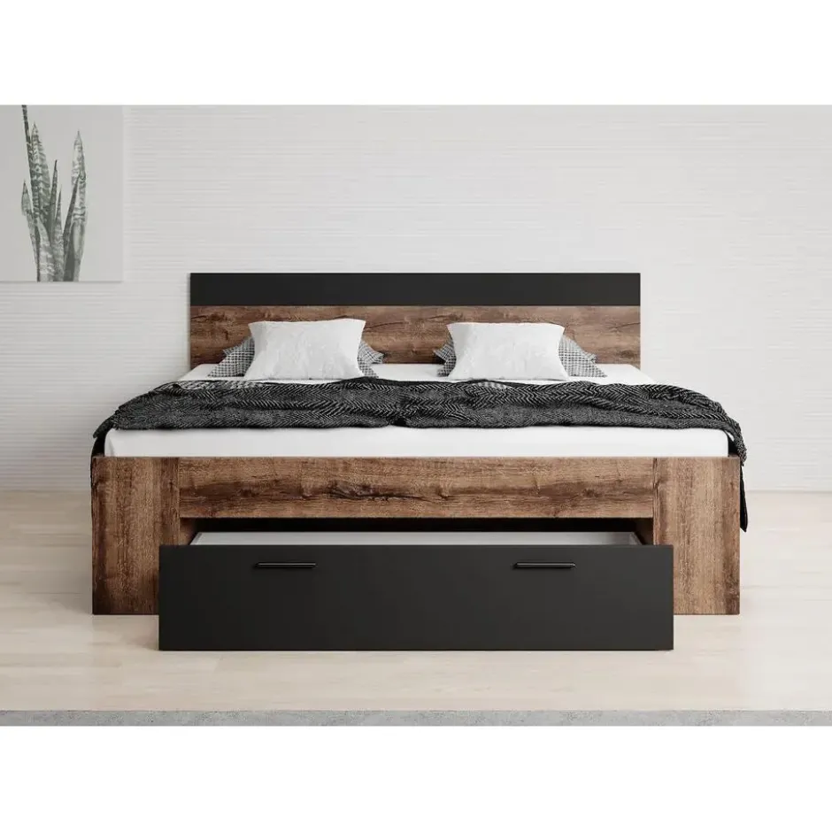 Meubella - Tweepersoonsbed Brown - Zwart - Eiken - 180x200 cm