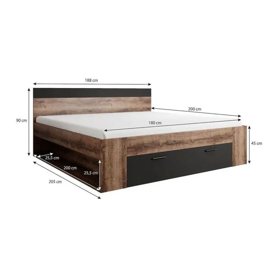 Meubella - Tweepersoonsbed Brown - Zwart - Eiken - 180x200 cm