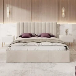 Meubella - Tweepersoonsbed Chief - Beige - Velvet - 180x200 cm