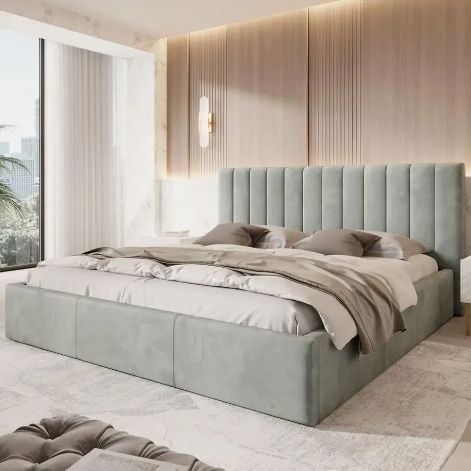 Meubella - Tweepersoonsbed Chief - Grijs - Velvet - 200x200 cm