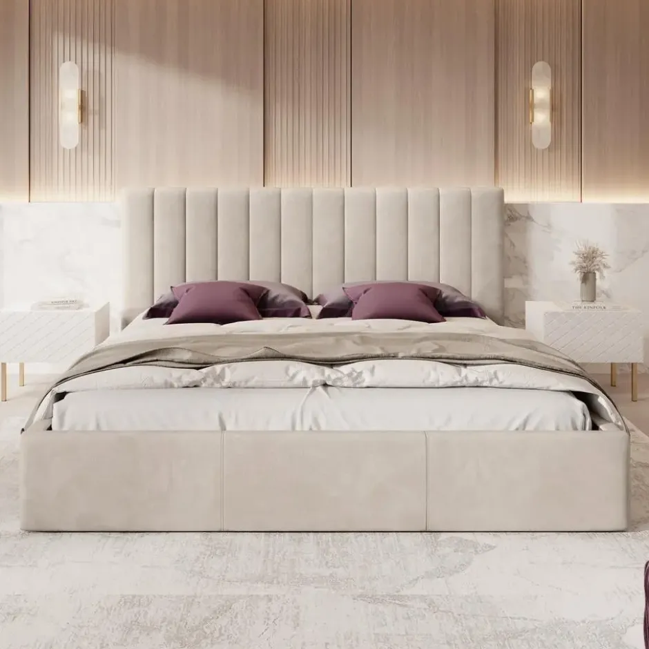 Meubella - Tweepersoonsbed Chief - Beige - Velvet - 200x200 cm