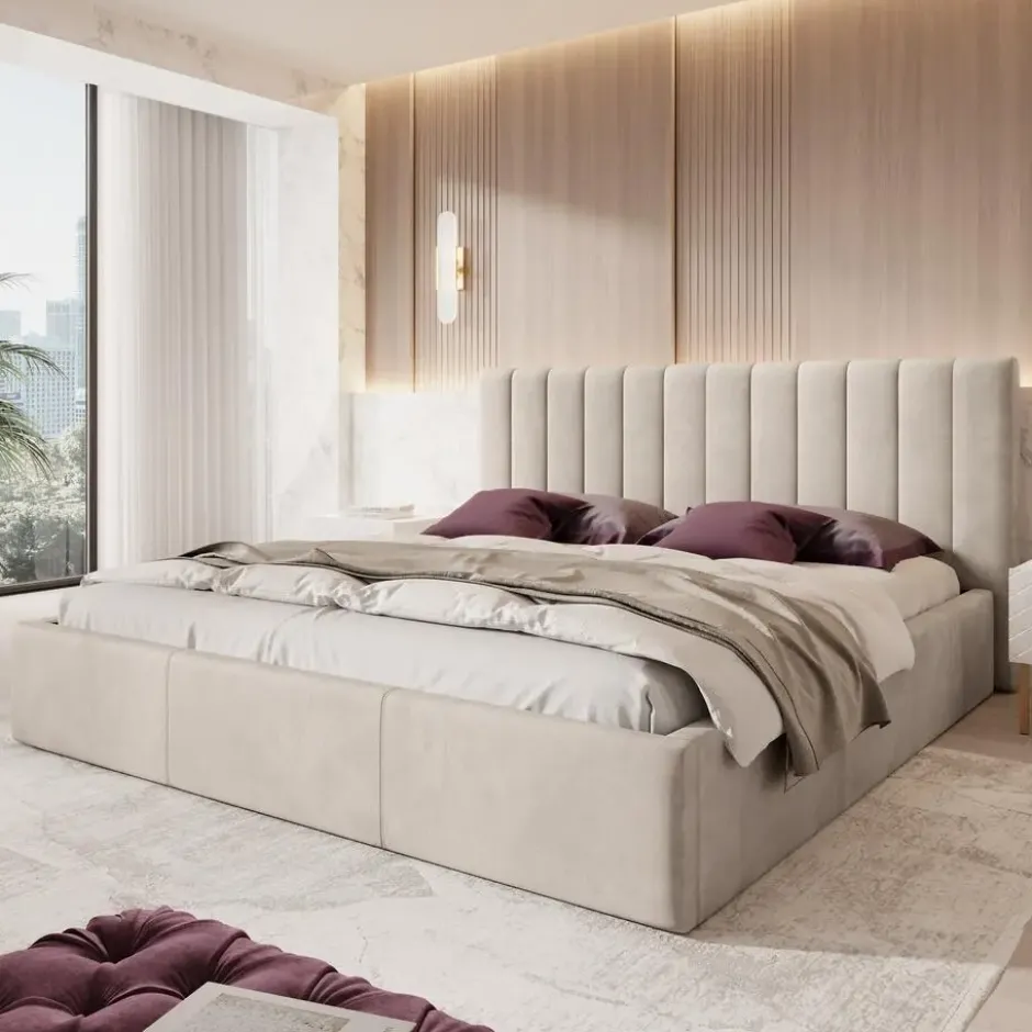 Meubella - Tweepersoonsbed Chief - Beige - Velvet - 200x200 cm