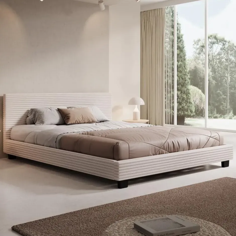 Meubella - Tweepersoonsbed George - Beige ribstof - 160x200 cm