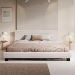 Meubella - Tweepersoonsbed George - Beige ribstof - 180x200 cm