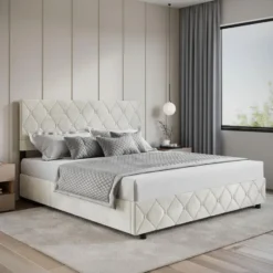 Meubella - Tweepersoonsbed Hernandez - Beige 180x200 cm - Met gaslift
